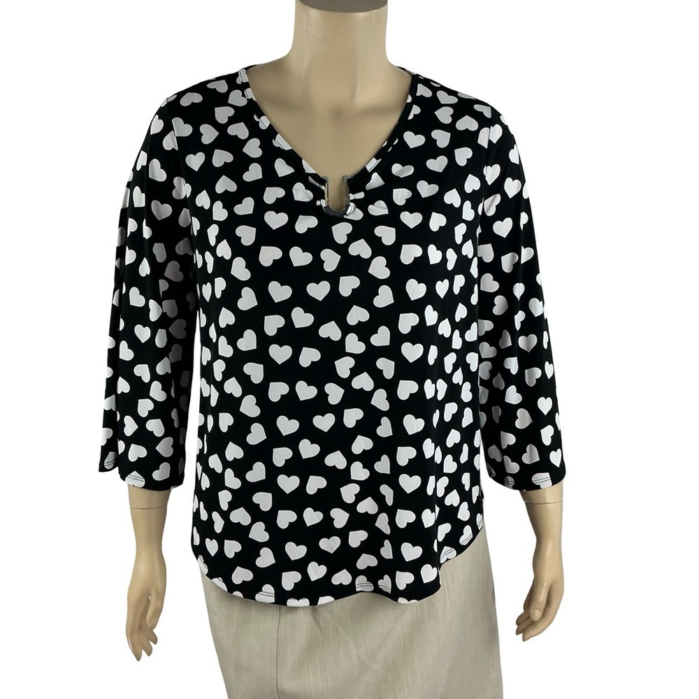 Cato Heart Print Top Black White 3/4 Sleeve Size 14/16W
